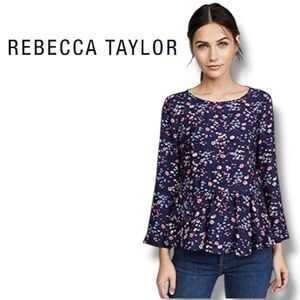 Rebecca Taylor 💯 silk Blue floral peplum blouse size US 2